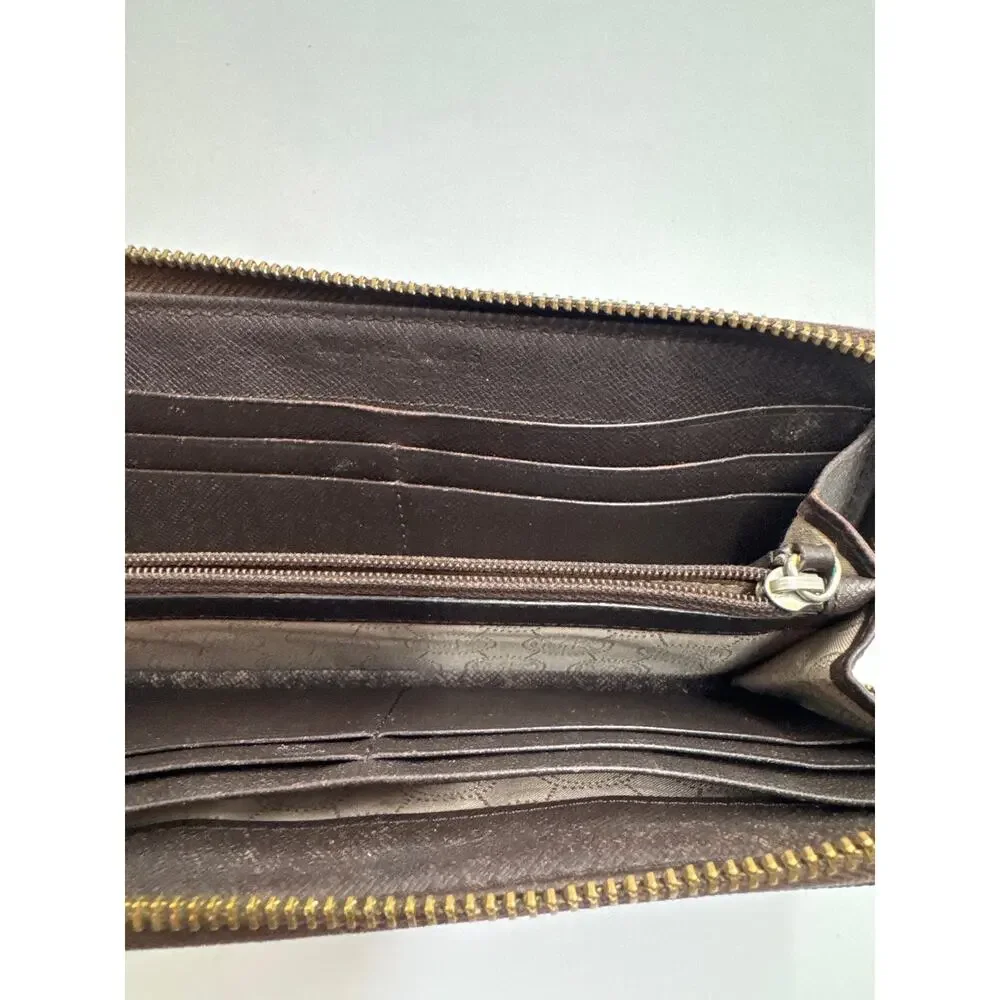 Michael Kors Jet Set Brown Signature Zip Around Wallet Gold Tone Logo Large